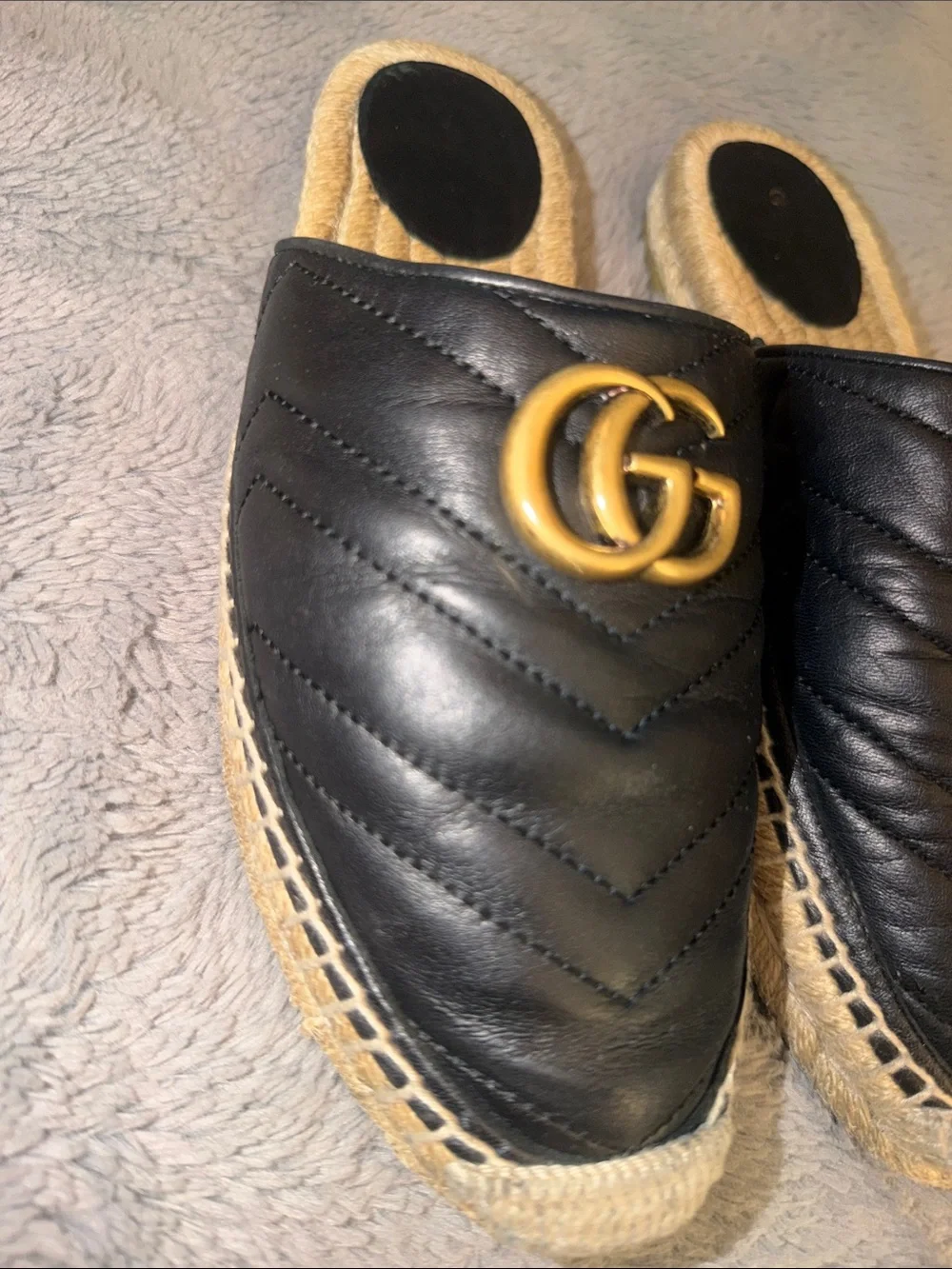 Preloved Gucci Black Quilted Leather Espadrille Mules with Gold GG size38
